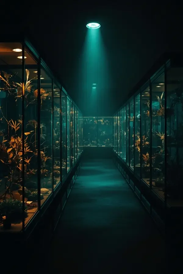 惊悚电影标本馆之夜海报，夜色中昏暗的植物标本陈列厅与冷光